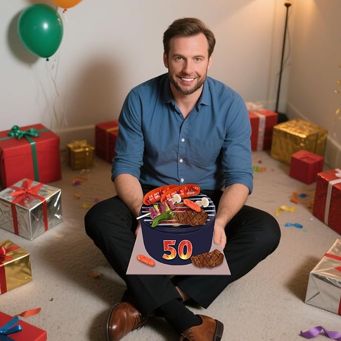 9 PCS BBQ Cake Topper Happy 50 Birthday Barbecue Decorations with Artificial Kebab and Hot Dog for Boys Girls Birthday Party Picnic Camping BBQ Theme Party Supplies