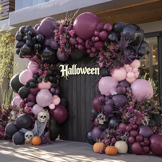 Black Pink Purple Balloons Double Stuffed Dark Plum Mauve Pink Pastel Lavender Lilac Balloon Garland Arch Kit for Wednesday Addams Halloween Birthday Baby Shower Wedding Goth Party Decorations