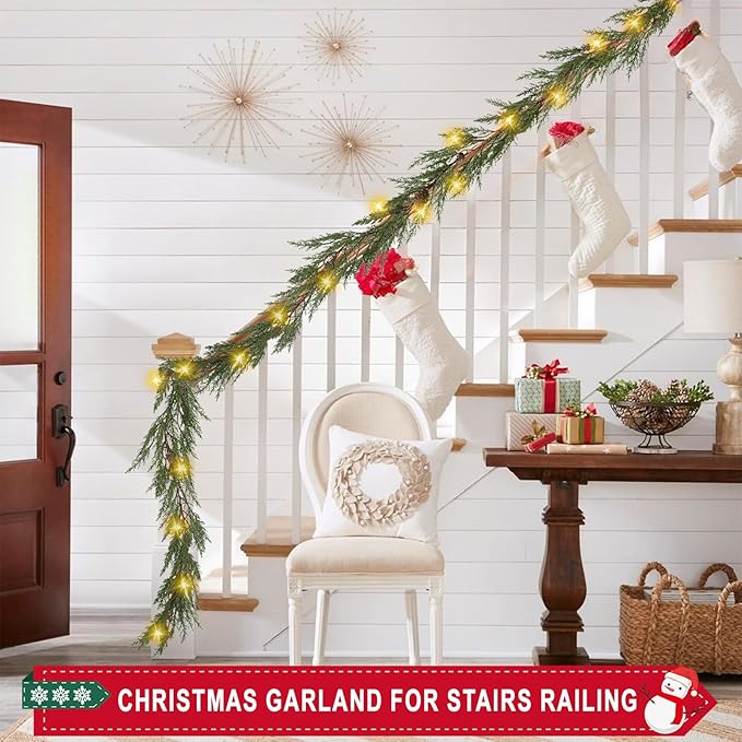 6 Ft Christmas Garland with Lights, 30 Warm Lights with 8 Modes,Prelit Christmas Garland with Pine Cones,Garland for Mantle, Ceadr Garlands Realistic,Outdoor Indoor Christmas Decorations