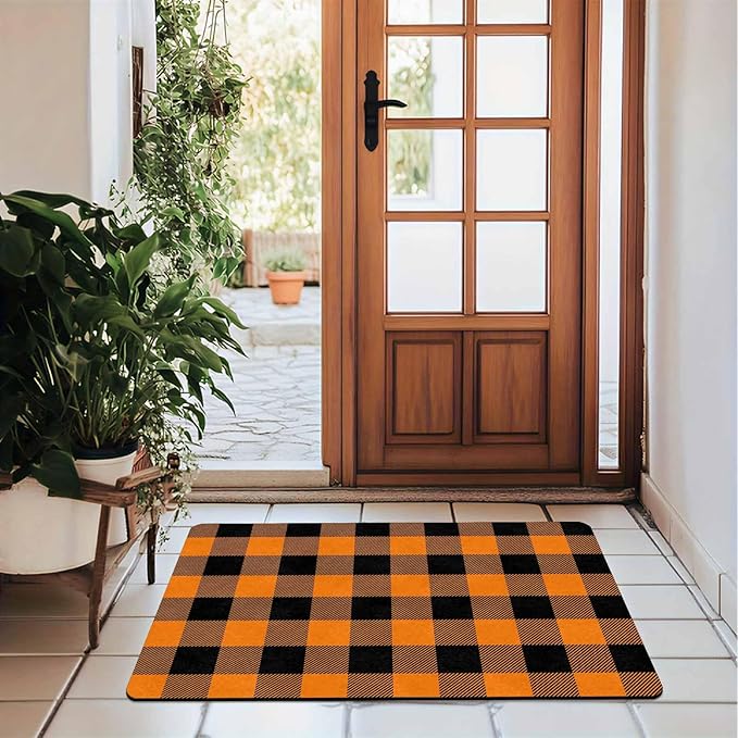 InterestPrint Fall Welcome Buffalo Plaid Door Mat Front Door Outdoor Doormat Outside Entrance Porch Non Slip Rubber Rug Autumn Halloween Thanksgiving Farmhouse Decor, 24"x16"inch