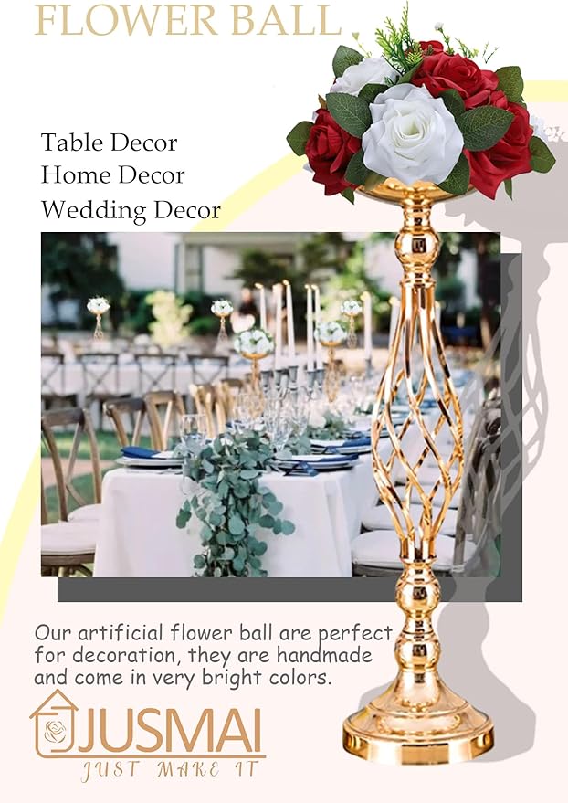 Artificial Flowers Ball 4 Pcs Red White Flowers Wedding Table Centerpiece Table Decorations Flower Arrangement for Table Flowers centerpieces Wedding Flowers Wedding centerpieces