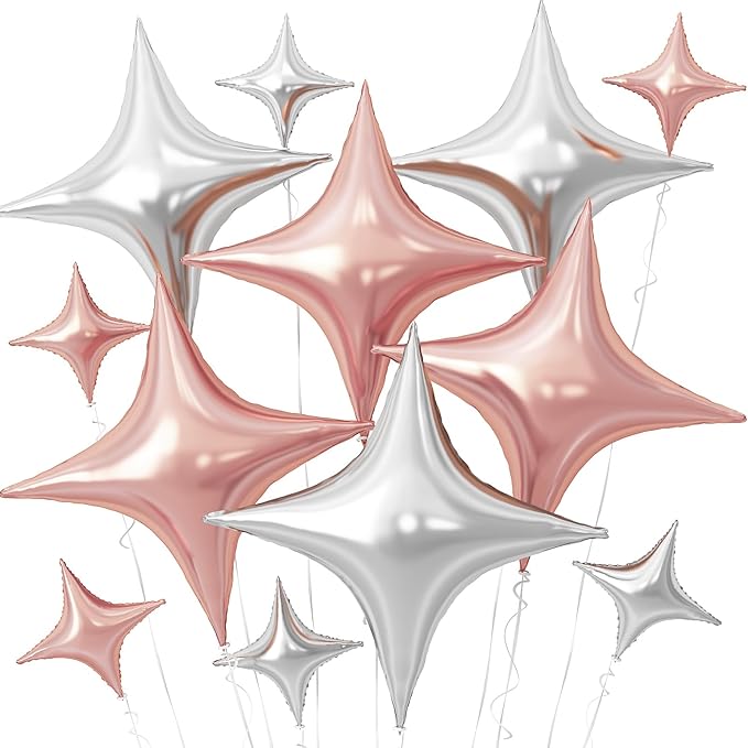 Rose Gold Silver Star Balloons,12Pcs Four Angle Star Foil Balloons,26Inch and 10Inch Rose Gold Silver Quadrangle Helium Polyester Film Balloon for Birthday Anniversary Wedding Party Decorations