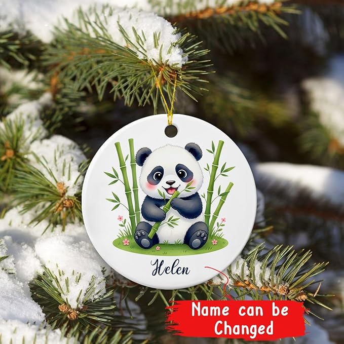 Baby Panda Christmas Ceramic Ornament 2025, Personalized Name Fun Panda Wild Animal Keepsake, Gift for Pandas Lovers Nature Lovers, Animal Hanging Xmas Tree Decor, Custom Pandas with Nature Ornament