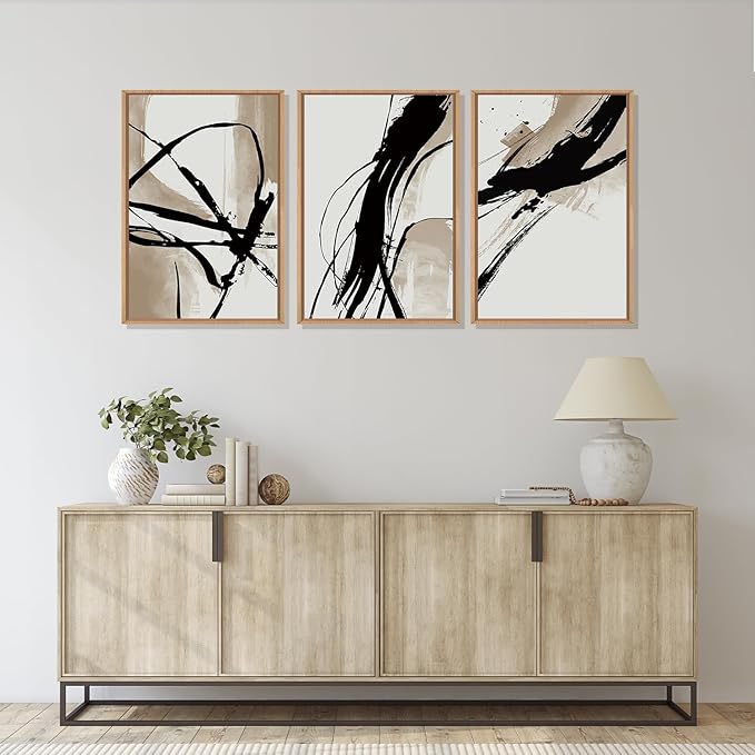 HOURIA Large Abstract Tan and Black Brush Stroke Framed Canvas Wall Art Set,Textured Beige Circle Wall Decor,Minimalism Brown Ink Line Artwork,Modern Shape Art Print for Living Room,Bedroom-16 x24 x3