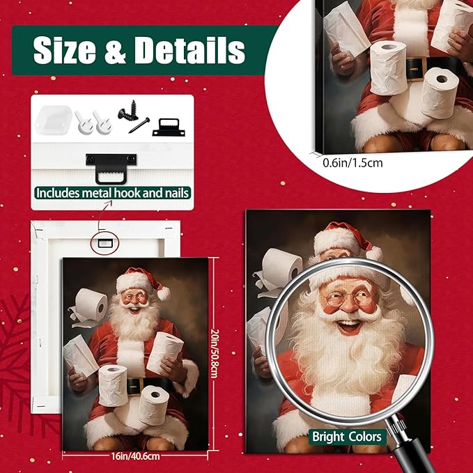 Funny Santa Christmas Canvas Wall Art for Bathroom, Humorous Framed Canvas Prints Ready to Hang, Unique Christmas Gifts for Home & Office Christmas Decorations