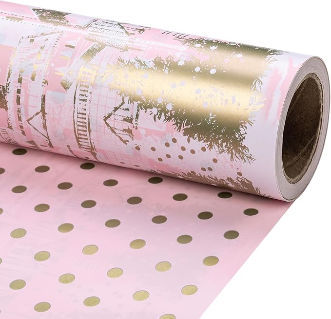 RUSPEPA 30" X 32.8' Reversible Christmas Wrapping Large Paper Roll, Jumbo Roll, Pink Gold Winter Landscape with Snowflake Pattern, Gold Polka Dot Design Gift Wrap for Girls, Women, Xmas Holiday Gifts