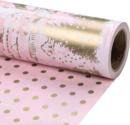 RUSPEPA 30" X 32.8' Reversible Christmas Wrapping Large Paper Roll, Jumbo Roll, Pink Gold Winter Landscape with Snowflake Pattern, Gold Polka Dot Design Gift Wrap for Girls, Women, Xmas Holiday Gifts