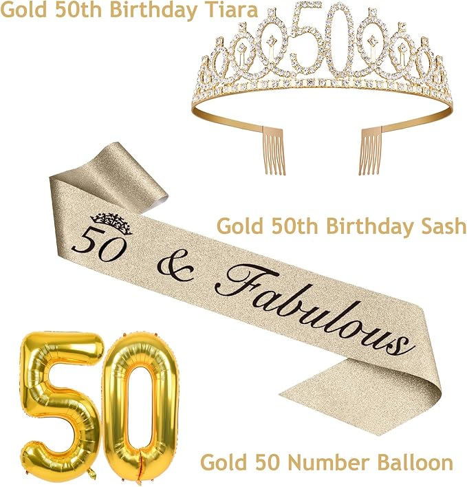 50th Birthday Decorations for Women Gold with 50th Birthday Sash and Tiara, Cake Topper and Candles, Number Balloons, 50 Year Old Gifts for Women