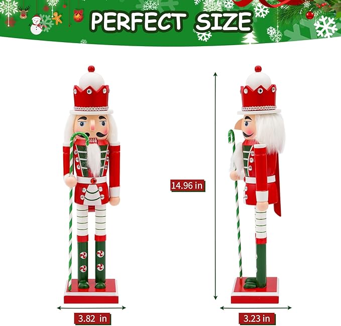 14" Wooden Candycane Nutcracker, Festive Christmas Decoration, Handcrafted Candycane Themed Nutcracker Collectible Christmas Decor for Tabletop, Shelves, and Fireplace Mantel(Candycane)