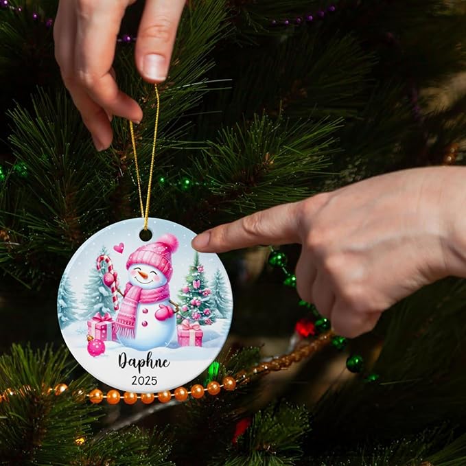 Personalized Pink Snowman Ceramic Christmas Ornament, Custom Name Snowman Lover Keepsake Gift for Kids Daughter Wife Her Girlfriend