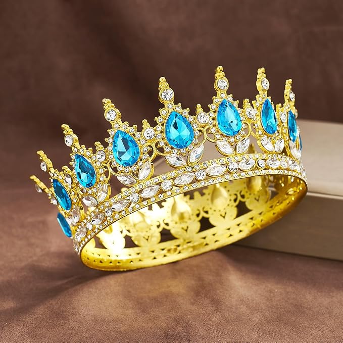 Queen Rhinestone Wedding & Bridal Crowns - Gold & Light Blue Tiaras for Women's Costume Party & Princess Birthday Accessories
