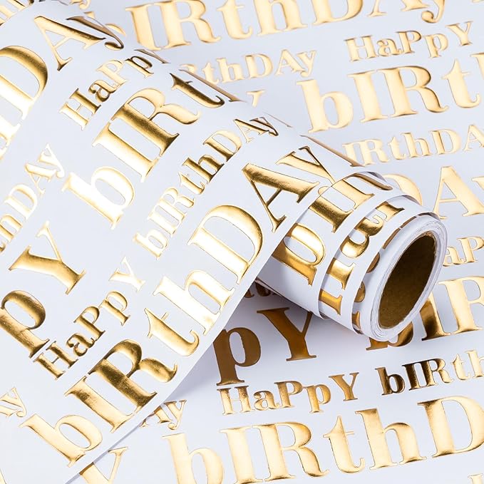 WRAPAHOLIC Jumbo 3D Kraft Birthday Wrapping Paper Roll - 30 Inch x 16.5 Feet - Gold and White Happy Birthday Wrapping Paper with Embossed Perfect for Holiday, Party Celebration
