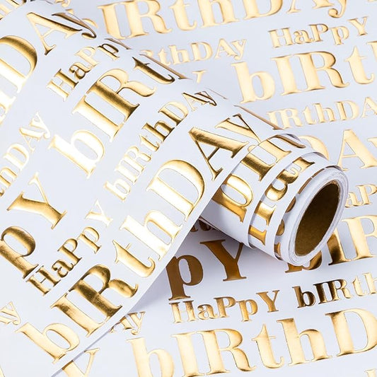 WRAPAHOLIC Jumbo 3D Kraft Birthday Wrapping Paper Roll - 30 Inch x 16.5 Feet - Gold and White Happy Birthday Wrapping Paper with Embossed Perfect for Holiday, Party Celebration