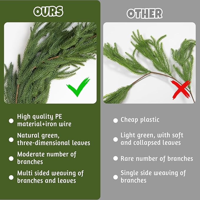 4 Pcs 9 Ft Artificial Norfolk Pine Garlands, Real Touch Norfolk Pine Garland, Realistic Natural Christmas Greenery for Table, Mantle, Wall, Indoor, Outdoor Holiday Decor (4, 9 FT)