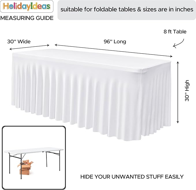 HolidayIdeas White 8ft Spandex Wedding Tablecloth Fitted Stretch Table Skirts 30x96 Inch, Wrinkle-Free Floor Length Polyester Table Cover for Birthday Parties Engagement, Banquets, Events,4 Pack