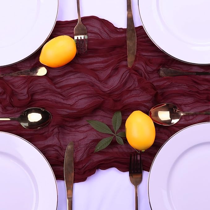 6 Pack Burgundy Cheesecloth Table Runner 10FT Boho Gauze Cheese Cloth Fabric 35 x 120 Inch Rustic Sheer for Christmas Fall Thanksgiving Centerpiece Wedding Decor Baby Shower Party Decoration