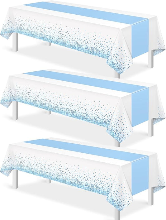 MASHAN 3Pcs White and Light Blue Tablecloth Party Decorations,Plastic White Table Cloth Printed Baby Blue Table Runner Disposable Rectangle Cover for Birthday Baby Shower Wedding Party,54 x108 Inch