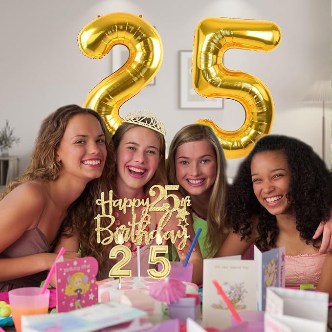 25th Birthday Decorations for Women Gold with 25th Birthday Sash and Crown, Cake Topper and Candles, Number Balloons, 25 Year Old Gifts for Women