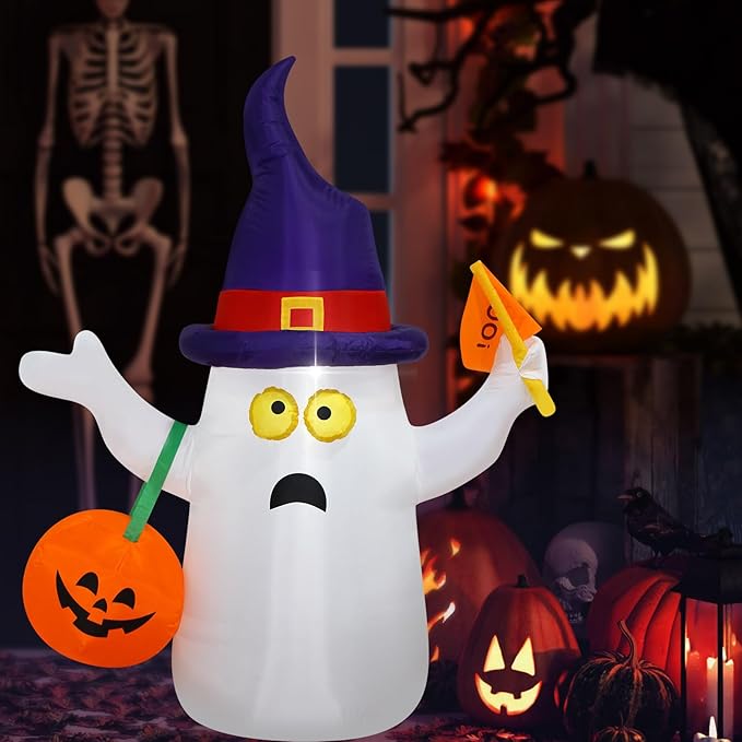 Halloween Blow up Inflatable Ghost Hold JackoLantern Decoration-Lighted Blow-Up for Home Yard Garden Indoor and Outdoor Decoration with Built in Fan and Anchor Ropes (Ghost with Boo Flag)