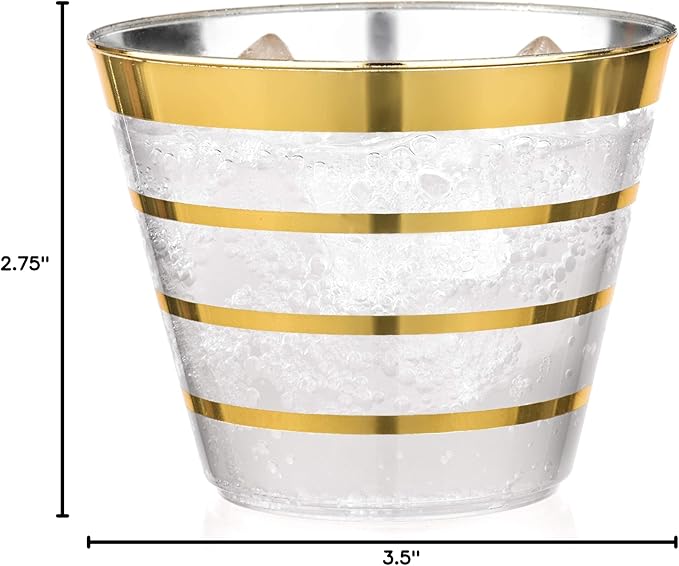 Perfect Settings 110 Gold 4 Line Clear Plastic Cups 9oz - Holiday Wedding Party Elegant Trimmed Disposable Cups, 4 Line Gold Party Cups