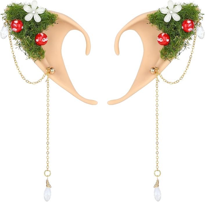 FRESHME Forest Mushroom Elf Ears, Soft Fairy Ears with Mushroom Moss and Flower Elven Ear Cuffs Halloween Renaissance Cosplay
