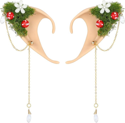 FRESHME Forest Mushroom Elf Ears, Soft Fairy Ears with Mushroom Moss and Flower Elven Ear Cuffs Halloween Renaissance Cosplay