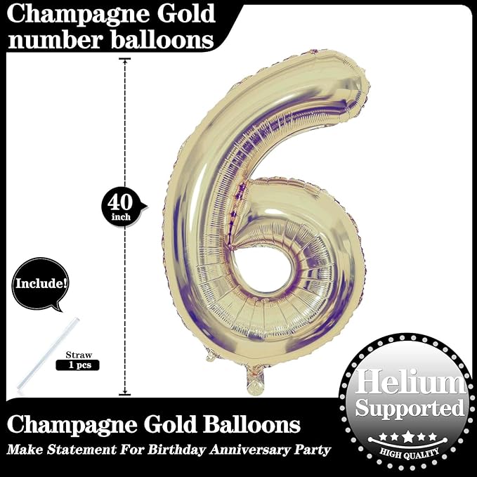 Champagne Gold 6 Number Balloons, 40 Inch Giant Number 6 Balloons Foil Mylar Helium Light Gold Number Balloons for 6th Birthday Party Supplies Anniversary Event Celebration Decorations