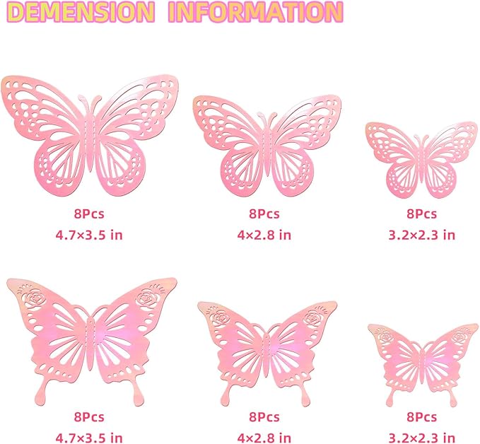 Laser Pink Butterfly Decorations, 48Pcs 2 Styles 3 Sizes Butterflies for Cake Cupcake Toppers, 3D Paper Sticker for Bouquets Birthday Baby Shower Kids Girl Room Wall Nursery Grad Graduation Caps Decor