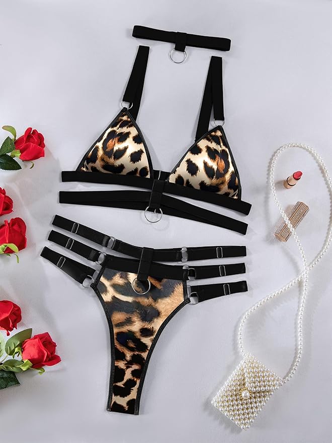Lilosy Sexy Wireless Choker O Ring Linked Strappy Harness Lingerie Set Outfits 3 Piece