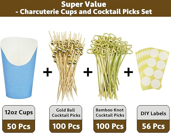 CAMKYDE 50 Charcuterie Cups + 200 Cocktail Picks + 56 Labels, 12 oz Disposable Charcuterie Cups with Sticks (2 Types), French Fry Cup Blue Paper Appetizer Cup for all Occasions (Blue)