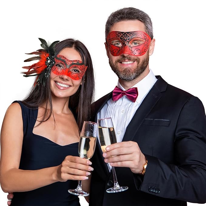 Red Masquerade Mask for Couple -Masquerade Masks Women with Feathers & Venetian Mask Men for Mascarade Party, Mardi Gras, Halloween Cosplay Prom, Christmas