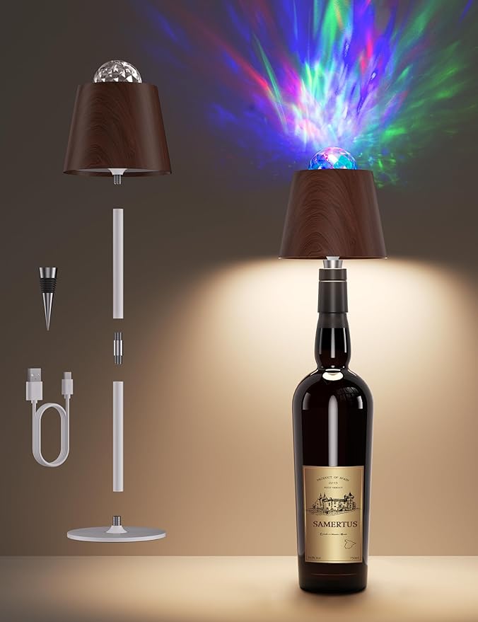 Joyzy Table Lamp Projector Lighting, Wireless Wine Bottle Lamps Rechargeable Lights Water Wave Ripple Projection Liquor Bottle Decoration Light Ambient for Bar