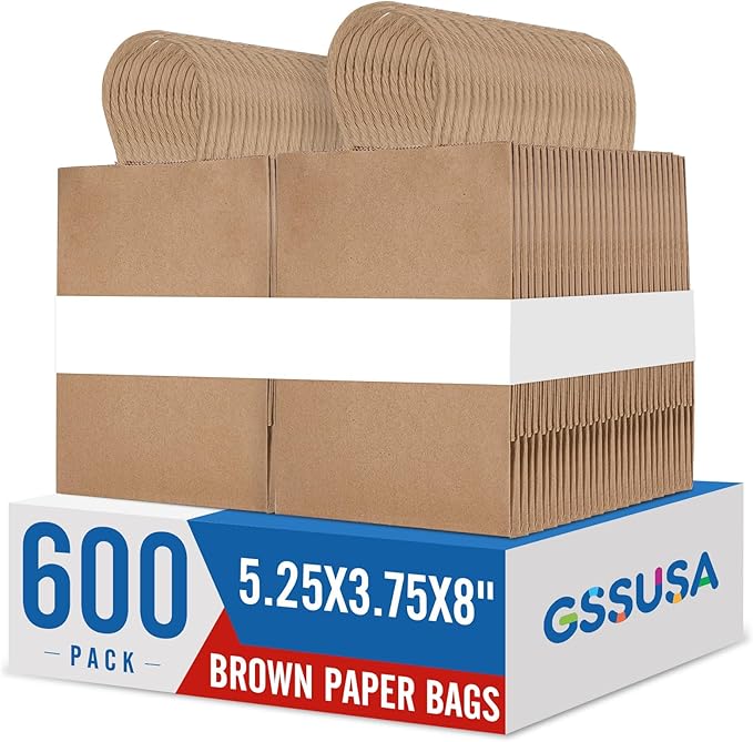 GSSUSA Brown Paper Bags 5.25x3.75x8 600Pcs, Gift Bags with Handles Bulk for Small Business