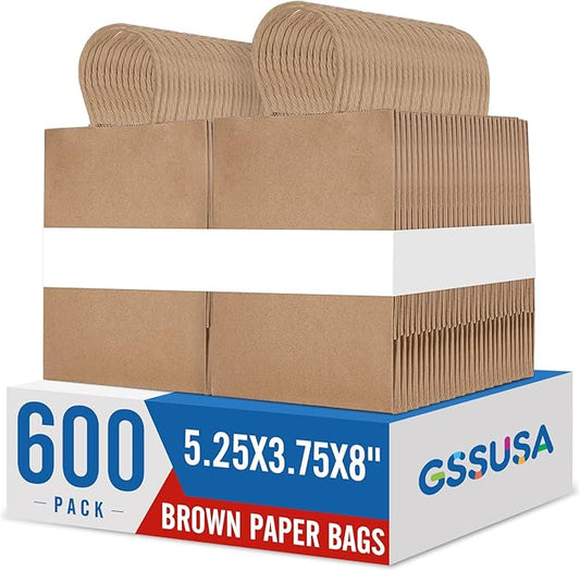 GSSUSA Brown Paper Bags 5.25x3.75x8 600Pcs, Gift Bags with Handles Bulk for Small Business