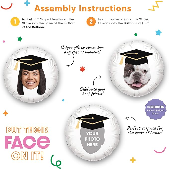 Big Dot of Happiness Personalized Grad Cap Fun Face Photo Balloon, Elementary High School College Custom Graduation Party Decorations, Double-Sided Round Circle Mylar, 1 Piece