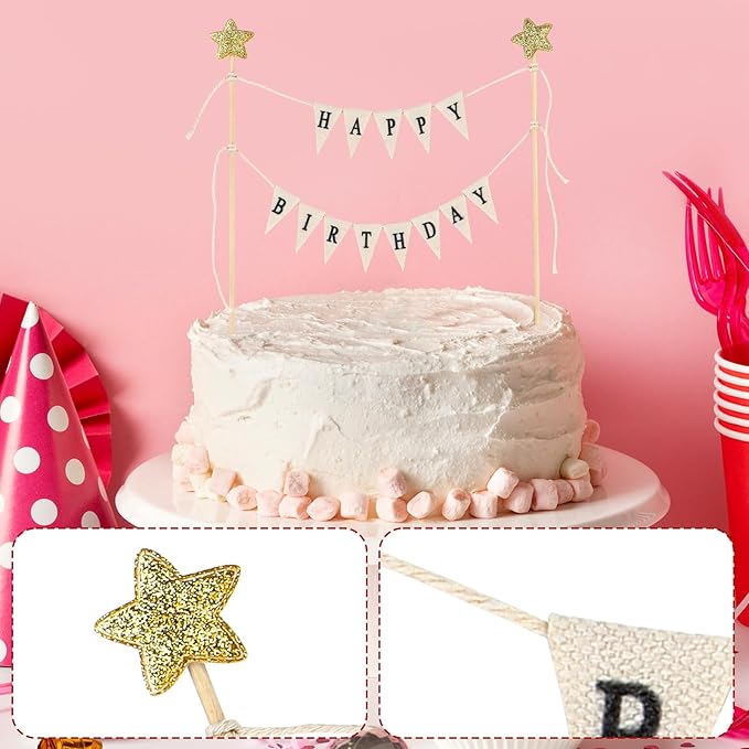 Happy Birthday Cake Banner Personalized Toppers, Handmade Linen Pennant Flags With 7.9 in Bamboo Polls, Party Decoration Supplies for Cakes Cupcakes