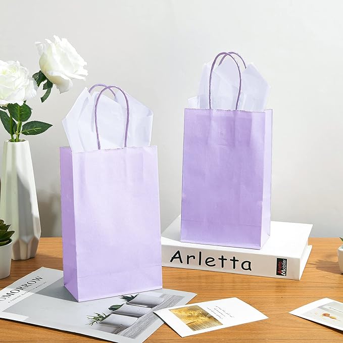 DjinnGlory 100 Pack Small Lavender Purple Paper Gift Bags with Handles Bulk 9''x5.5''x3.15'' for Birthday Wedding Baby Shower Parties Goodies, Purple Business Shopping Bags