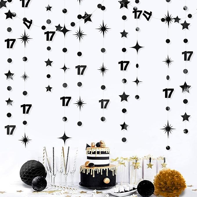 Black 17th Birthday Decorations Number 17 Circle Dot Star Garland Streamer Banner Backdrop for Girls Boys Cheers to 17 Years Old Birthday 17 and Fabulous Happy 17th Anniversary Party Supplies