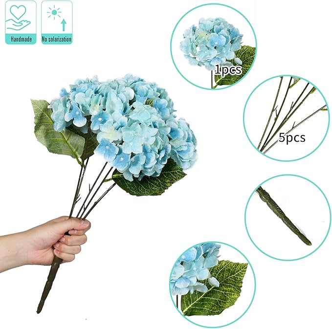 Kimura's Cabin 2Bouquets Fake Hydrangea Flowers Vintage Artificial Silk Flowers Bouquets 10Heads for Indoor Home Table Centerpieces Wedding Party Decoration (Light Blue, Pack of 2)