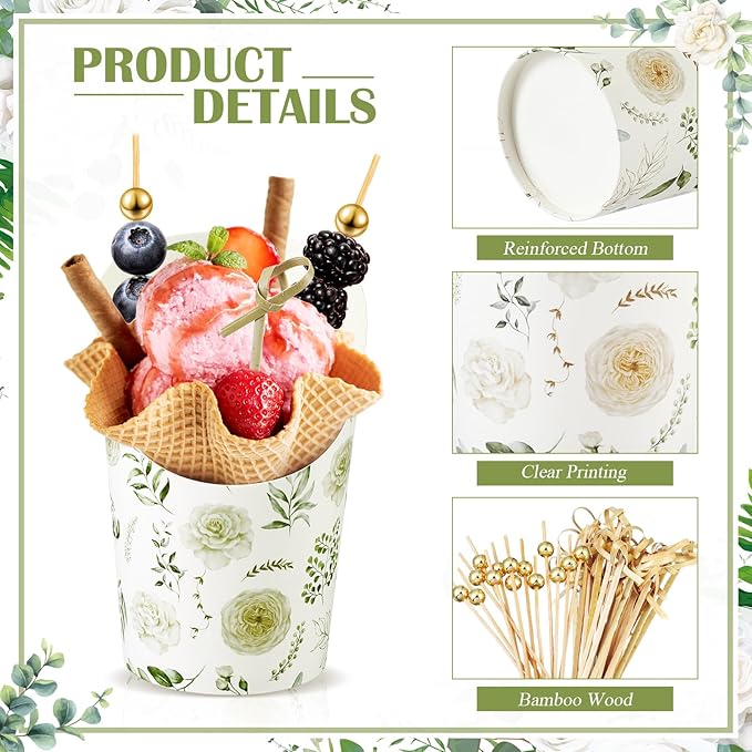 Tioncy 250 Pcs Charcuterie Cups with Cocktail Picks Sets, Bridal Shower Decoration 50 Charcuterie Cups with 200 Sticks for Wedding Baby Shower Floral Boho Party Decorations (White Green,Floral)