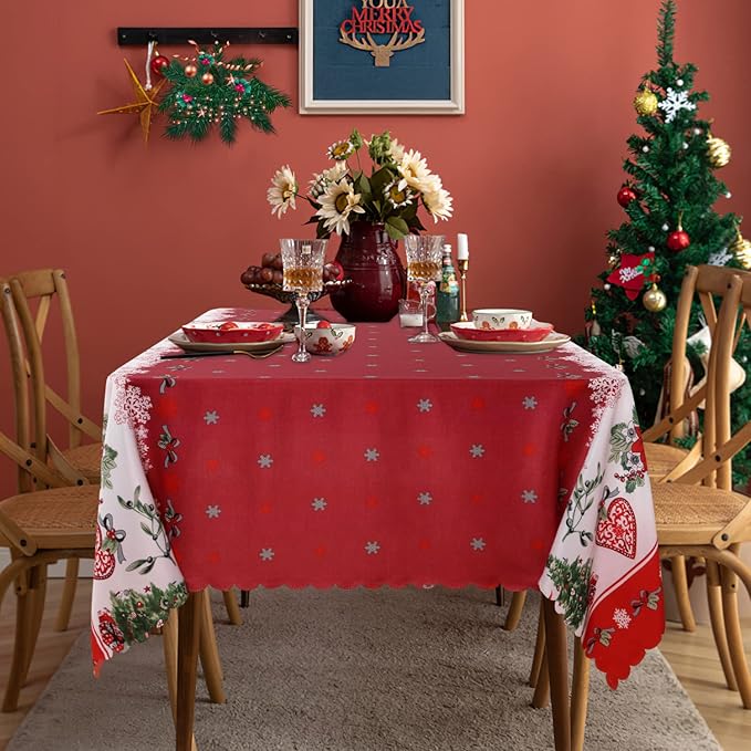 LUSHVIDA Christmas Rectangle Table Cloth – Washable Water Resistance Holiday Microfiber Tablecloth Decorative Table Cover for Banquet Party Kitchen Dining Room, 60 x 120 Inch