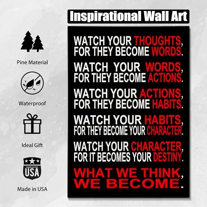 Watch Your Thoughts Motivational Wall Decor, Inspirational Wall Art for Office & Home, Positive Quotes Canvas Prints Ready to Hang, Modern Office Wall Art for Living Room or Bedroom Decor