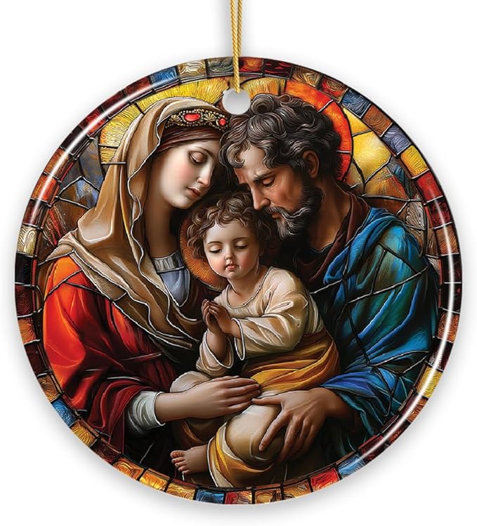 The Holy Embrace Stained Glass Themed Ceramic Ornament, Birth of Jesus Nativity Scene with Joseph and Mary