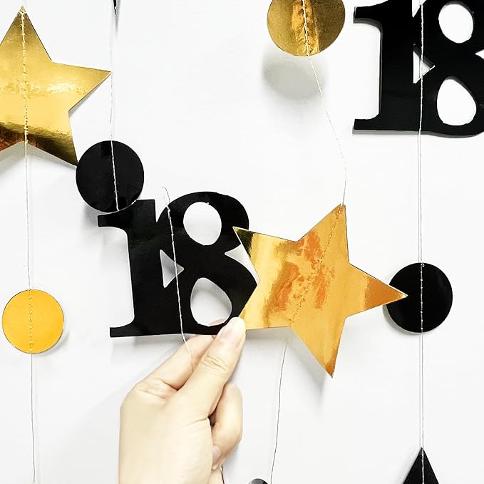 Black Gold 18th Birthday Decorations Number 18 Circle Dot Twinkle Star Garland Streamer Banner Backdrop for Girls Boys Happy 18th Birthday Time to Adult Cheers to 18 Years Old Anniversary Party Deocr