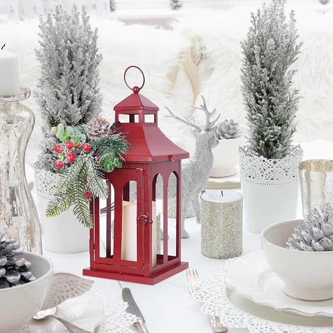 DECORKEY Christmas Decorations for Home, Decorative Christmas Lantern Indoor Outdoor Decor, Metal Hanging Candle Holder with Xmas Teardrop Wreath and LED Candle for Table Centerpieces, Patio (Red)