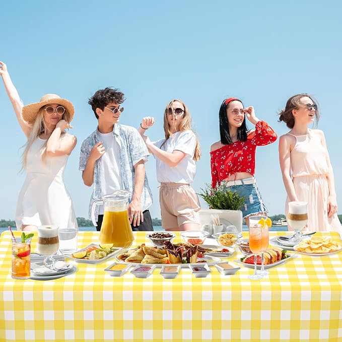 WNINK 4 Pack Light Yellow Gingham Rectangular Plastic Tablecloths, Yellow and White Checkered Disposable Table Covers 54" x 108" for Birthday, Wedding, Bridal Shower, Outdoor Picnic Camping Parties