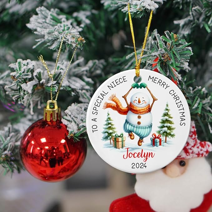 Personalized Niece Snowman Ceramic Ornament Christmas with Name, to a Very Special Niece Merry Christmas Customized Ornament, Special Niece Snowman Xmas Tree Keepsake Ornament Gifts from Auntie Uncle