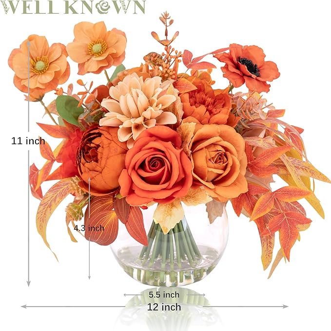WELL KNOWN Artificial Flowers in Vase, Silk Rose Peony Flower Bouquet Table Centerpieces with Faux Water for Fall Home, Fake Flower & Maple Arrangement for Seasonal Party Decor (Burnt Orange & Earth)