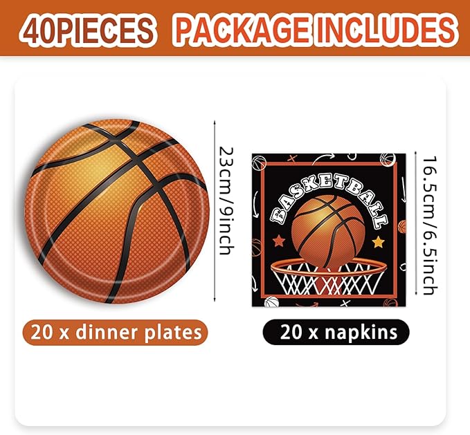 40 Pcs Basketball Plates and Napkins Party Supplies, Basketball Birthday Party Decorations Disposable Paper Plates and Napkins Tableware Set for Birthday Baby Shower Serves 20