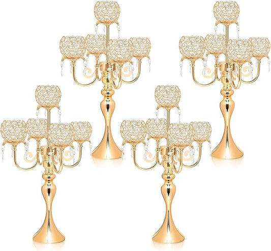 4Pcs 22 Inch Tall 5-Arm Gold Elegant Crystal Candelabra – Fancy Looking Candle Holder, Perfect for Your Table Centerpiece, Wedding & Christmas Dinner Party Events, Home Decor